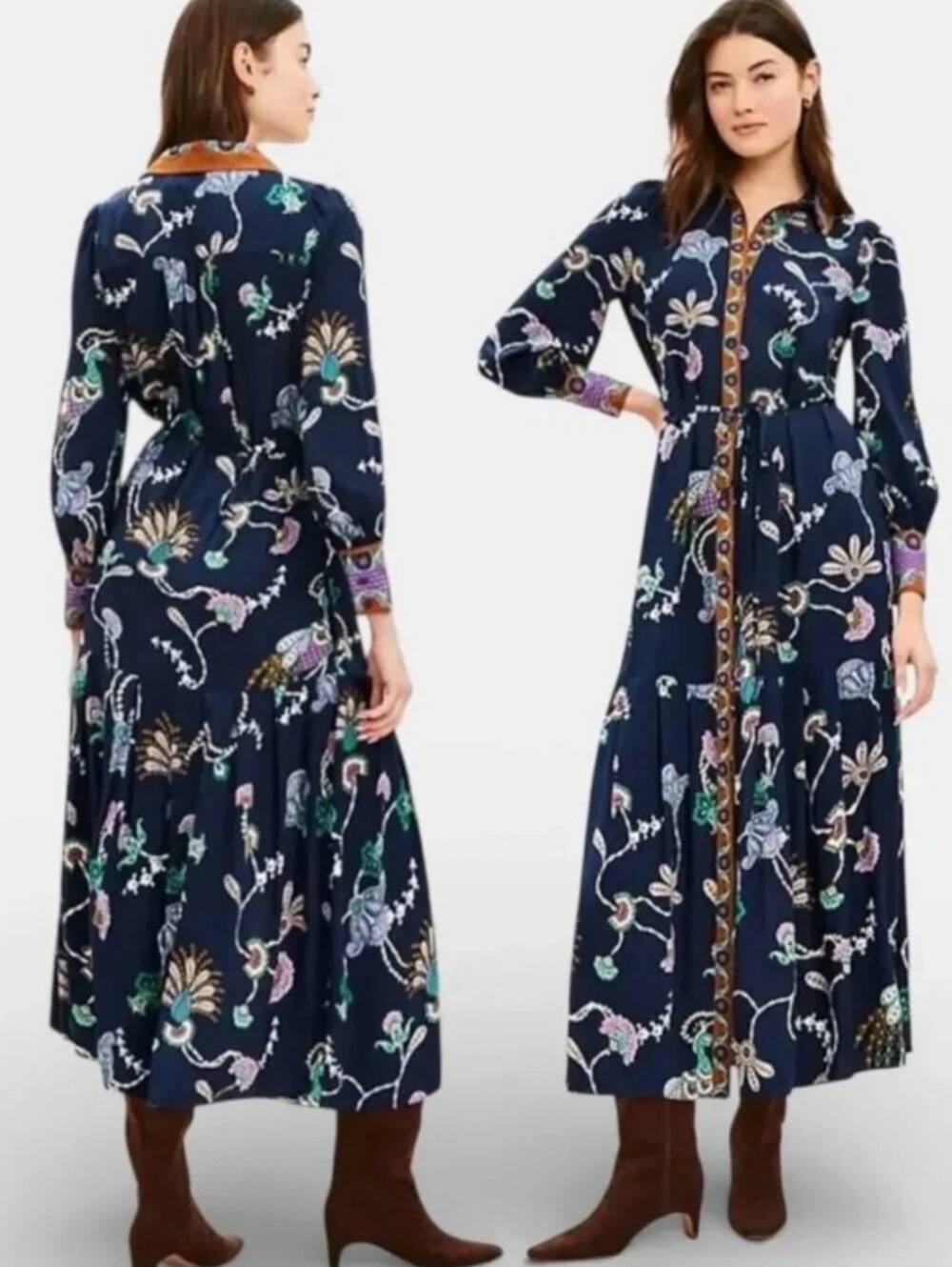 #289. LOFT Navy Pleasant Button-Front Long-Sleeve Maxi Dress